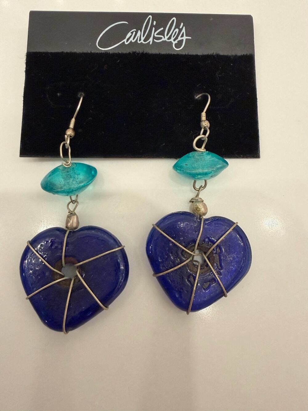Carlisle’s India Cobalt Blue Glass Heart Dangle Earrings Wire Wrapped Boho